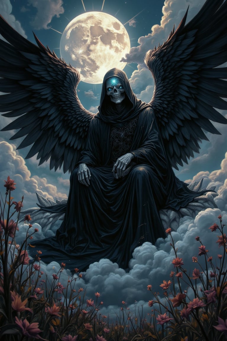 A Fallen angel of death seated on a billowy cloud, lblack hooded robe cascading elegantly, striking grey eyes sparkling with ethereal wisdom from a skull,  holding a sythe magnificent angel wings u , vibrant moon rays filtering through, illuminating its presence, wilted floral meadow beneath, creating an atmosphere of death and dispair, wide-angle view showcasing the rotten realm.