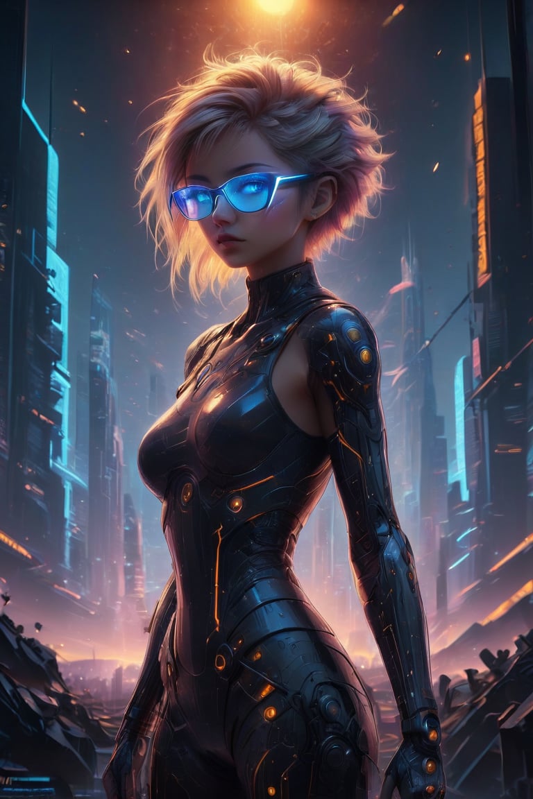 A captivating cyberpunk girl stands amidst a futuristic metropolis, wearing clear neon glasses that refract the city's dazzling lights. Her piercing gaze is set off by intricate, golden-ratio details on her face and clothes. In stunning 32K UHD, she poses against a decadent, highly detailed digital backdrop, reminiscent of Octane Render's artistry. Heartwarming, uplifting, and charming, this masterpiece features sharp focus, smooth textures, and exquisite eyes that seem to sparkle with inner light. The setting sun casts beautiful rim lighting, subsurface scattering, and subtle light leaks, casting a warm glow on the city's towering skyscrapers.