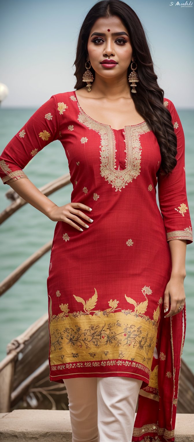 30 years old fatty young girl, she wears a beautiful kurti((red and Yellow colour))kurti very realistic ((real kurti))((cotton))and perfect((beautiful cherry print design)), ((beautiful tattoo in full body,  smiley face, realistic, perfect body shape and very realistic, healthy and fatty body, busty mallu, long face, young lady, perfect tan skin, glowing and very smooth skin, Full body, wide waist , big hip,Extremely Realistic, wide waist , big hip, Sexy Bengali Married Woman, Intricate, 8k, HDR, Masterpiece, Cinematic Lighting, Sharp Focus, Cheek Make Up, Eyelid Make Up, Eyeliner, Mascara, Glossy Lips, super alluring eyes, bronze long hair, vermilion on sithi, red tip, perfect, smooth realistic skin, fatty waist, slim legs, athletic body, deep navel, Masterpiece, Photorealistic, Best Quality, Detailed Skin, Intricate, 8k, HDR, Masterpiece, Cinematic Lighting, high-heels, earrings, nose ring, waist chain, necklaces ,walking on sea beach, appart legs, photo r3al,photorealistic