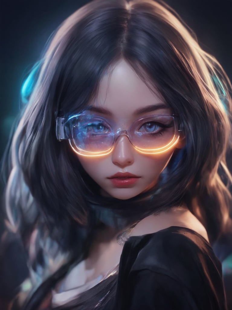 Similar graph, a cyberpunk girl, Wear clear neon glasses, cyberpunk., golden ratio details, 32k uhd, fantasy, cyberpunk, intricate, decadent, highly detailed, digital painting, ever after high, octane render, artstation, concept art, smooth, sharp focus, illustration, art by artgerm, loish, wlop. (heartwarming, uplifting, charming), (UHD, masterpiece, detailed eyes, detailed face, highest quality), (light leaks, subsurface scattering, rim light, beautiful lighting and shading, deep background, vibrant complementary colors, sharp focus)