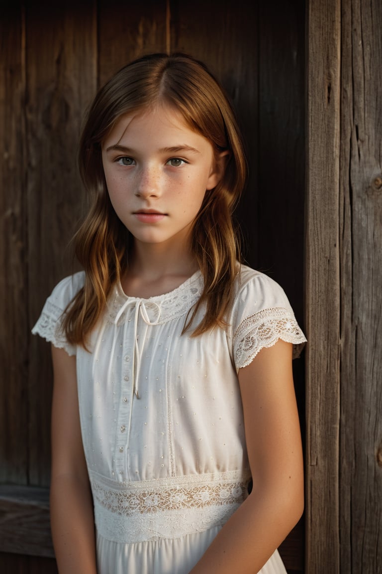 A 13-year-old girl with light brown hair and freckles poses in front of a rustic wooden door,  softly lit by the warm glow...