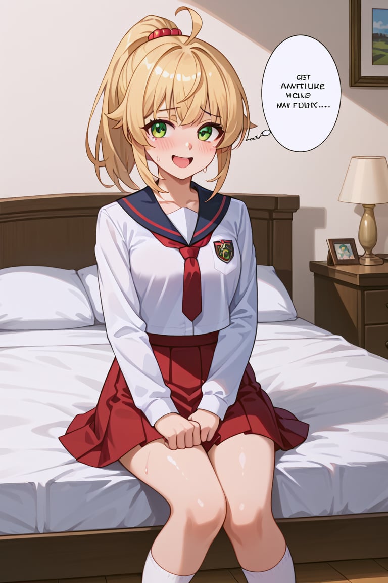 Score_9, Score_8, Score_7, masterpiece, best quality, beatiful, detail face, (bedroom), intense lewd eye contact with viewer, shiny skin, sweat, shy, blushing, dialogue bubble,sumise, look at the viewer, sexy smile, moaning,norn-schooluniform, norn greyrat, green eyes, blonde hair, ponytail, ahoge, white shirt, long sleeves, red skirt, white kneehighs, loafers