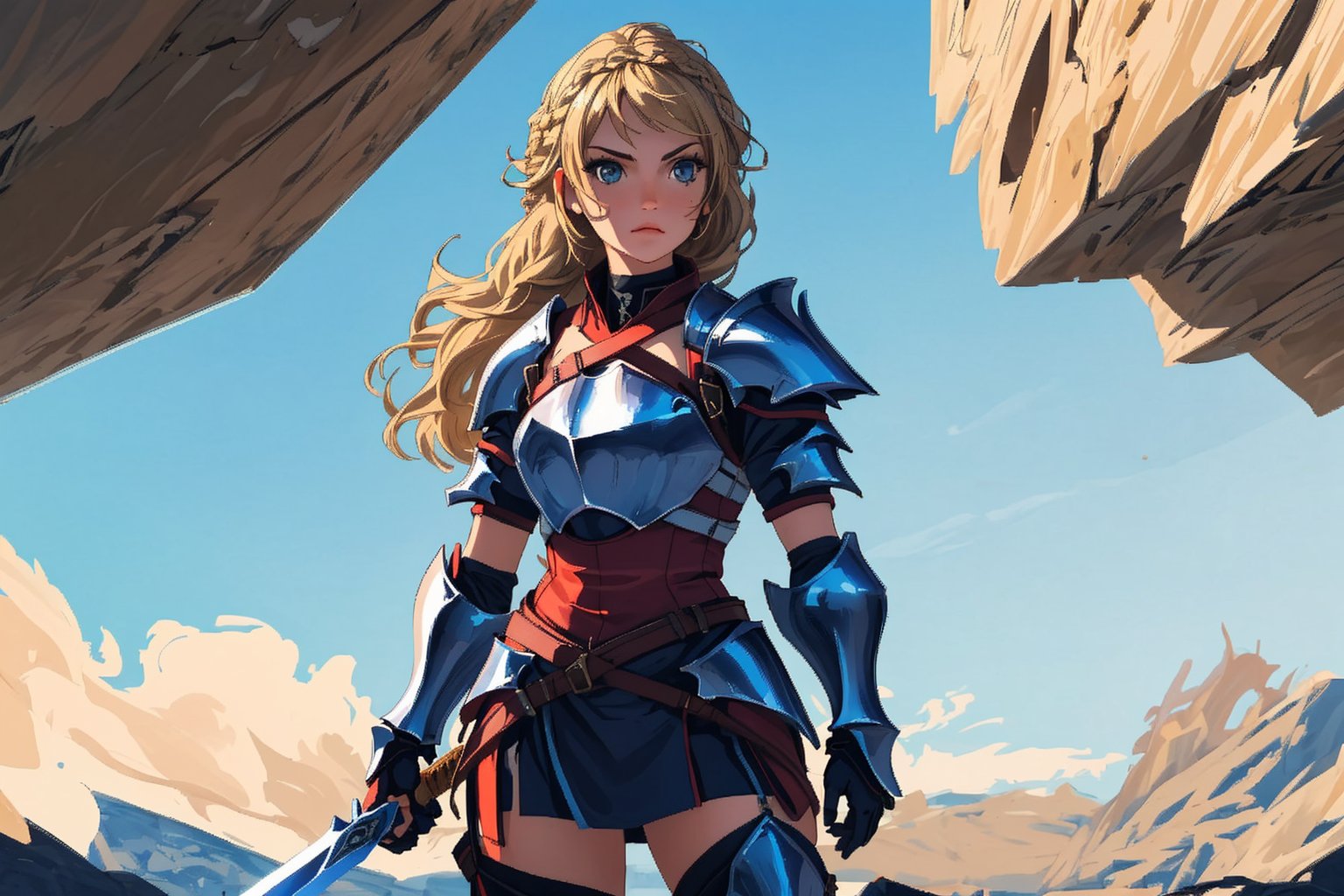 Standing Blonde Knight (Female),  Single French Braid (Hair),  Steel Armor Plate (Outfit) by Tomato on Tensor.Art