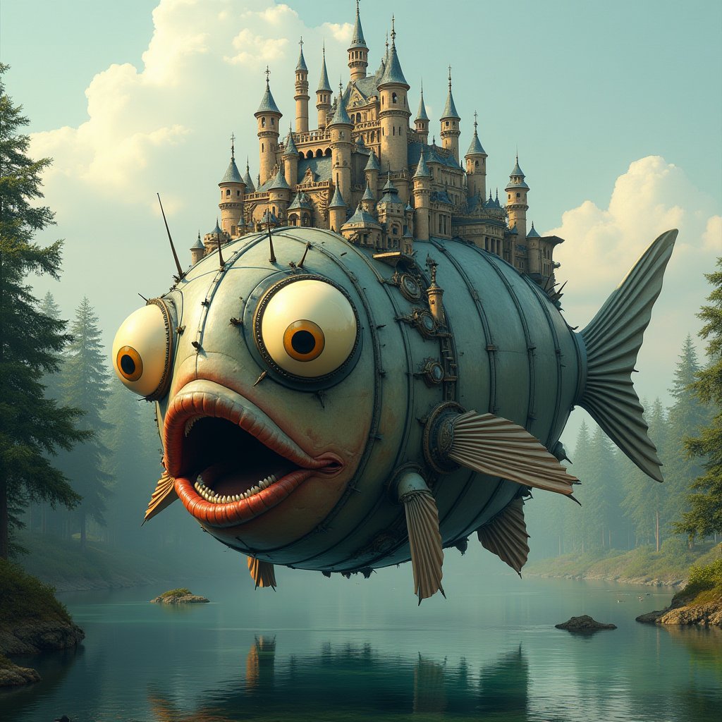 The large angler fish depicted in the picture is an amazing combination of a living creature and a highly developed mechanism. With huge round eyes that have a surprised or even slightly comical expression. Its body is impressive in size, round and smooth, with metal elements, which makes it look like a flying machine. The upper part of the fish is decorated with numerous architectural elements reminiscent of towers, domes and spires, characteristic of European architecture, an entire city or castle is built on the fish. The background consists of a forest area with trees, against which small structures are visible, a lake, over which this fish-city is swimming. The atmosphere is a feeling of a magical and fantastic world.