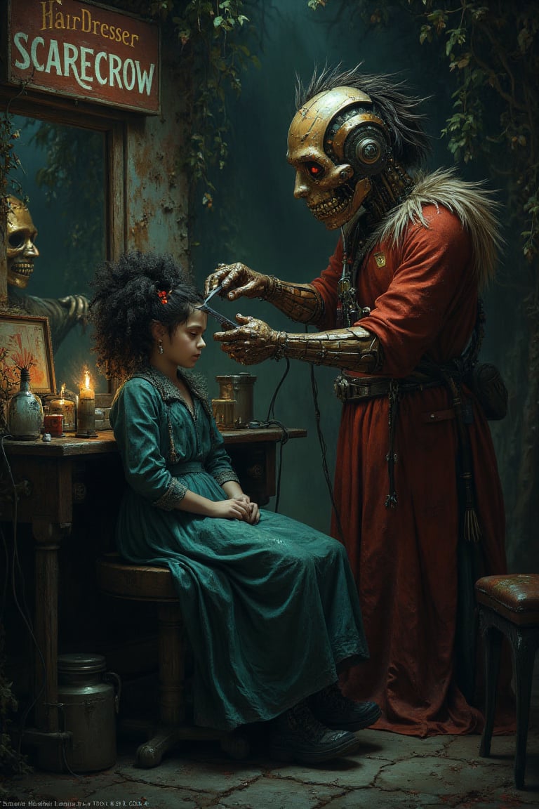 "A hairdresser robot scarecrow cutting a young girl's hair, in a dark environment with maroon and olive green colors.", In the background a sign with the ((("Hairdresser Scarecrow*" logo)))

"style": "Dark and gloomy style",
"technique": "Use of expressive and dynamic brush strokes, with a focus on texture and lighting.",
"colors": "Maroon and olive green colors, with a color palette: Maroon, Olive Green, Dark Blue, Black",
"details": "The hairdresser robot scarecrow has a mechanical and robotic appearance, with lights and screens flashing on its body. The young girl has an expression of anxiety and fear, while the hairdresser robot scarecrow has an expression of concentration and precision. The atmosphere is sombre and dark, with shadows creating an effect of mystery and tension.",
"lighting": "The lighting is dramatic and expressive, with lights and shadows highlighting the figure of the scarecrow hairdressing robot and the gloomy atmosphere. The maroon and olive green colours create an effect of complementarity and harmony."