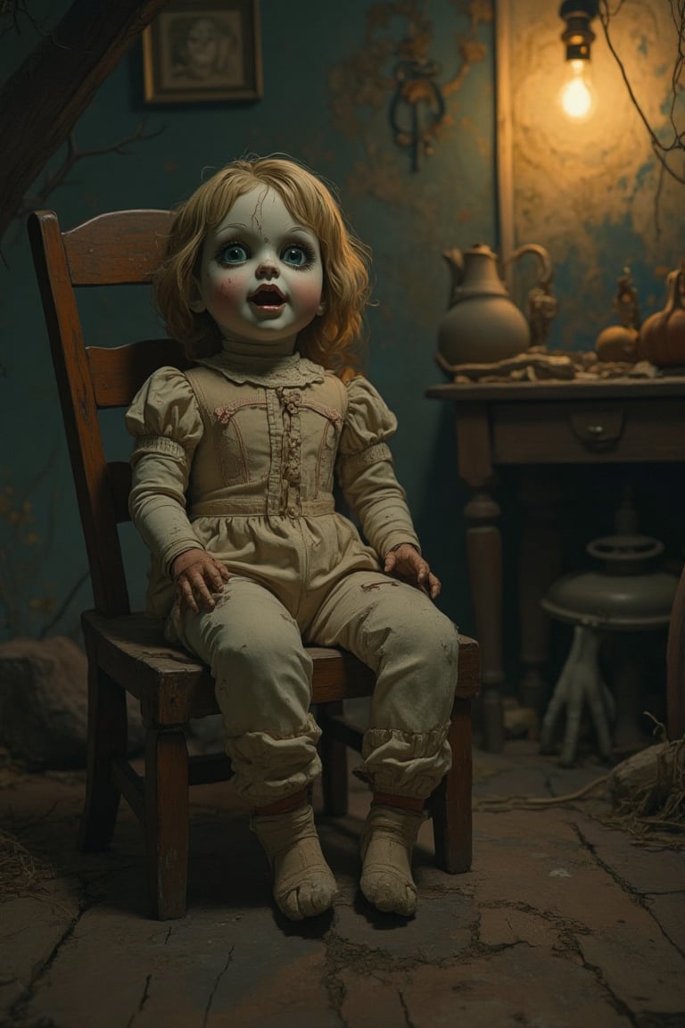 A photorealistic, gloomy 60's scene with a creepy doll. The doll is center-framed, sitting on a dusty, old wooden chair in a dimly lit, cobweb-filled attic. The doll has tattered clothes, a cracked porcelain face, and eerie, mouth open empty eyes. The room is filled with shadows, and the doll's pose is slightly askew, giving it a lifelike, unsettling appearance. The lighting is low, with a single, flickering light bulb casting a yellowish hue, enhancing the eerie atmosphere.