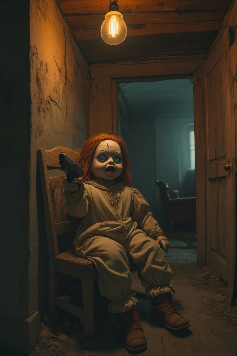 A photorealistic, gloomy 60's scene with a creepy doll. The doll is center-framed, sitting on a dusty, old wooden chair in a dimly lit, cobweb-filled attic. The doll has tattered clothes, a cracked porcelain face, and eerie, mouth open empty eyes. The room is filled with shadows, and the doll's pose is slightly askew, giving it a lifelike, unsettling appearance. The lighting is low, with a single, flickering light bulb casting a yellowish hue, enhancing the eerie atmosphere.,aiming pistol