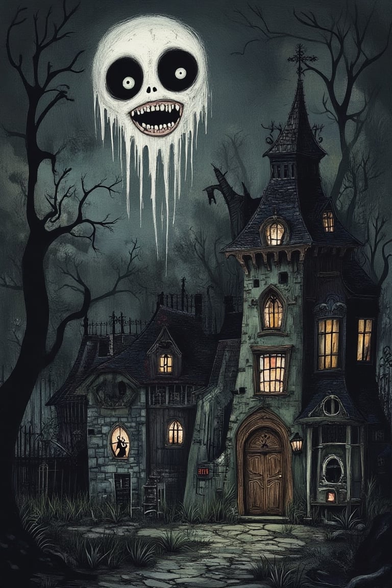 Gscore_9, score_8. masterpiece, spooky image, a ghost a perfect skull (laughing ), set in an old abandoned mansion at night, dark foreboding atmosphere DarkHalloween, Tim Burton Style