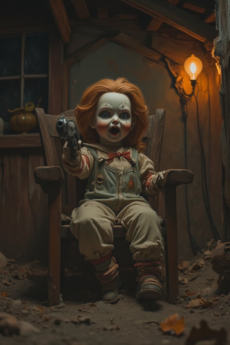 A photorealistic, gloomy 60's scene with a creepy doll. The doll is center-framed, sitting on a dusty, old wooden chair in a dimly lit, cobweb-filled attic. The doll has tattered clothes, a cracked porcelain face, and eerie, mouth open empty eyes. The room is filled with shadows, and the doll's pose is slightly askew, giving it a lifelike, unsettling appearance. The lighting is low, with a single, flickering light bulb casting a yellowish hue, enhancing the eerie atmosphere.,aiming pistol