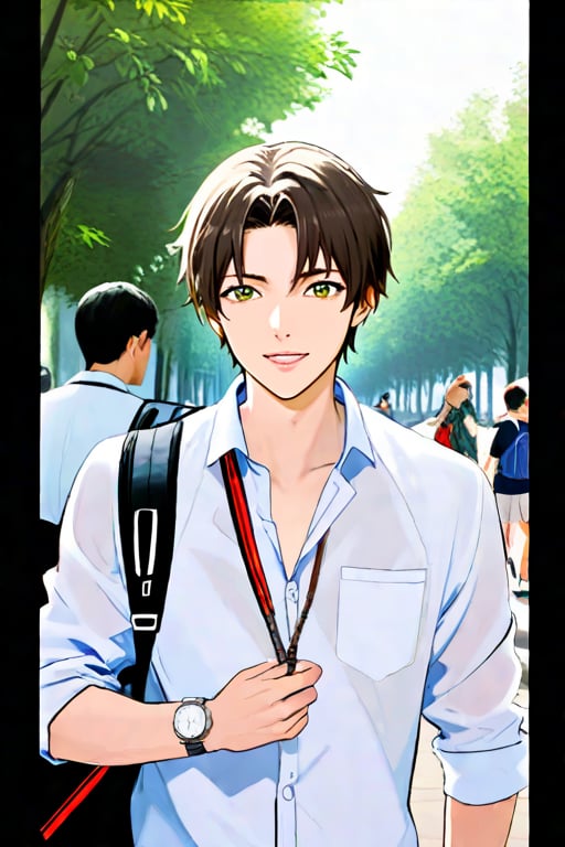 ### Character Description

Kenzo is a 17-year-old male Japanese student who stands about 6 feet tall and has an athletic, well-toned build that reflects his active lifestyle in sports and fitness. His dark brown hair has a clear demarcation near the center ogmf his forehead, giving him a polished look.

His deep brown, almond-shaped eyes exude warmth and charm. Kenzo typically wears a crisp white button-up shirt, often with the top button undone, layered with a fitted navy blue blazer that enhances his tailored appearance. He pairs this with slim-fit chinos in a light beige color and stylish brown loafers, completing his smart-casual look.

To add a touch of sophistication, he wears a simple silver watch on his wrist. Kenzo often carries a sleek backpack filled with books and essentials.

Known for his charismatic and confident demeanor, Kenzo easily draws people in with his charm. He is kind-hearted and approachable, taking the time to engage with those around him, including his young neighbor, who admires him wholeheartedly.

His friendly smile lights up his face, making him even more attractive to others. Kenzo is frequently seen studying outdoors or participating in sports, embodying a balanced lifestyle that combines academics and athletics.

Create a character sheet regarding different camera angles, actions and facial expressions of Kenzo.