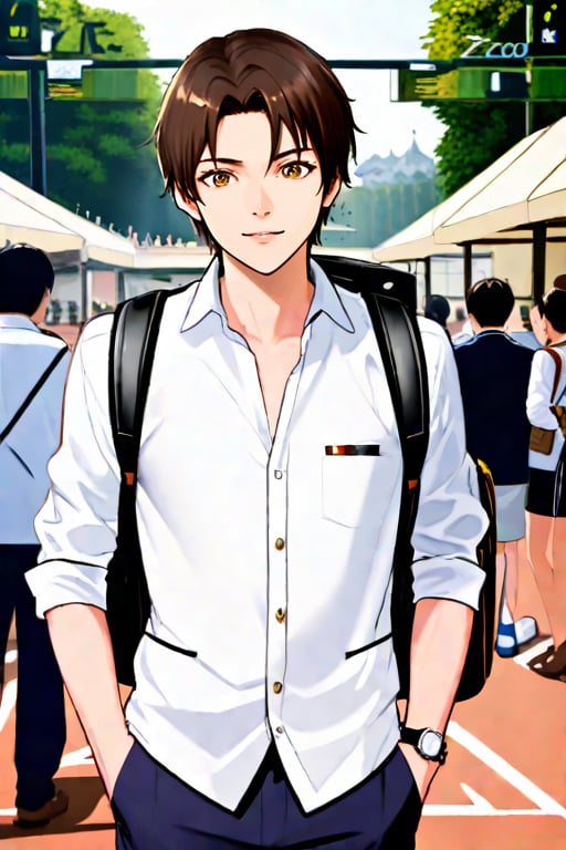 ### Character Description

Kenzo is a 17-year-old male Japanese student who stands about 6 feet tall and has an athletic, well-toned build that reflects his active lifestyle in sports and fitness. His dark brown hair has a clear demarcation near the center ogmf his forehead, giving him a polished look.

His deep brown, almond-shaped eyes exude warmth and charm. Kenzo typically wears a crisp white button-up shirt, often with the top button undone, layered with a fitted navy blue blazer that enhances his tailored appearance. He pairs this with slim-fit chinos in a light beige color and stylish brown loafers, completing his smart-casual look.

To add a touch of sophistication, he wears a simple silver watch on his wrist. Kenzo often carries a sleek backpack filled with books and essentials.

Known for his charismatic and confident demeanor, Kenzo easily draws people in with his charm. He is kind-hearted and approachable, taking the time to engage with those around him, including his young neighbor, who admires him wholeheartedly.

His friendly smile lights up his face, making him even more attractive to others. Kenzo is frequently seen studying outdoors or participating in sports, embodying a balanced lifestyle that combines academics and athletics.

Create a character sheet regarding different camera angles, actions and facial expressions of Kenzo.