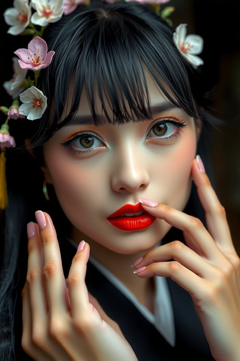 ((Very detailed fingers)),  ((Very detailed dark brown nail polish)),  beautiful detailed eyes by Tuans26  on Tensor.Art