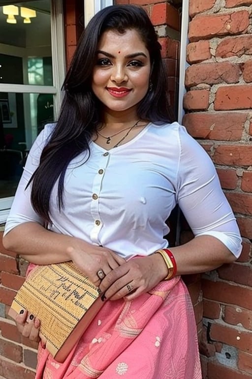 The image is an advertisement for Manoj Notebooks, a company that sells notebooks. The advertisement features a 25 year young woman with long dark hair, wearing a white shirt and a red skirt, holding a stack of notebooks in her hands. She is smiling and looking at the camera. The background is white, and the text on the advertisement reads "Work the Smarter Way" and "Luxot Writing Instruments Pvt. Ltd." There is also a QR code on the right side of the advertisement.
