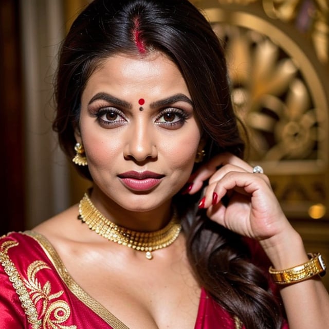 beautiful female , 25 year old , long black_hair, black-hair ,sexy body fixer 
The image is a close-up portrait of a young Indian woman wearing traditional Indian jewelry. She is wearing a red saree with a gold headpiece on her head. The headpiece is made up of multiple gold and red stones, including red and gold beads, and is intricately designed with a large nose ring in the center. The nose ring is also adorned with red stones and gold accents.  and is looking directly at the camera with a serious expression. The background is blurred, so the focus is on the woman's face.
High resolution 