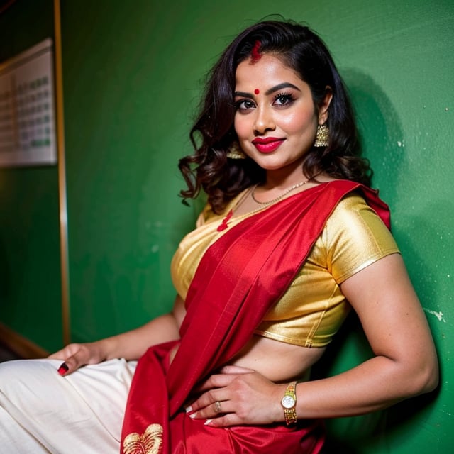 The image is a portrait of a young Indian woman standing confidently in a classroom. She is dressed in a traditional black saree with a striking red border, and her blouse features a delicate gold border. Her appearance is accentuated by a red bindi on her forehead and red lipstick, which complements her bright smile. Her hair is styled in loose curls, cascading gently over her shoulders. The woman is posing for the camera, exuding confidence, with one hand on her hip and the other resting on her thigh. The background shows a typical classroom setting with a green chalkboard, adding to the overall atmosphere of the scene.