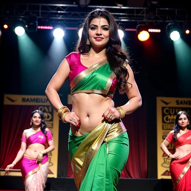 beautiful female teacher, 25 years old, long black_hair, black hair ,sexy body fixer
The image shows a young woman performing a dance on a stage. She is wearing a traditional Indian outfit, consisting of a green blouse and a pink saree with gold accents. The saree is draped over her body and she is standing on one leg with the other leg bent at the knee. Her arms are stretched above her head and her head is tilted back, as if she is in the middle of a dance move. The background is black and there are several spotlights shining down on the stage, creating a dramatic effect. The woman's hair is styled in loose waves and she has a confident expression on her face.