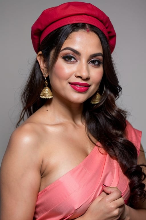 beautiful female smilling, 25 years old,te, long black_hair, black hair, warm, dacing , like model ,teaching ,sexy body fixer 
, wearing a bright red beret and large earrings. She holds a bottle of red lipstick in one hand and a small brush applicator in the other. Her blouse is a soft lavender color, and the background is a solid pink, creating a vibrant and playful atmosphere.