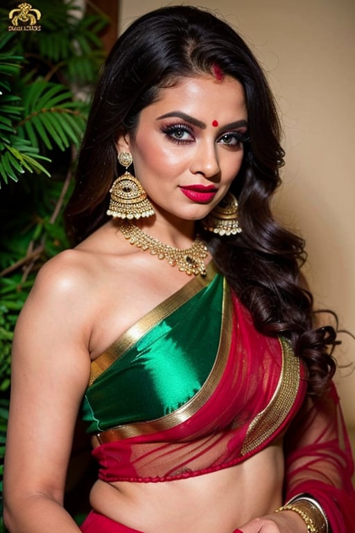 beautiful female , 25 years old, long black_hair, black hair, sexy body fixer 
The image is a portrait of a young woman wearing a traditional Indian outfit. She is standing in front of a tropical background with palm trees and greenery. The woman is wearing a brown lehenga choli with intricate gold embroidery and a matching dupatta draped over her shoulders. She has long dark hair styled in loose waves and is accessorized with a statement necklace and earrings. Her makeup is done with a bold red lip and smoky eye makeup. The overall look is elegant and sophisticated.