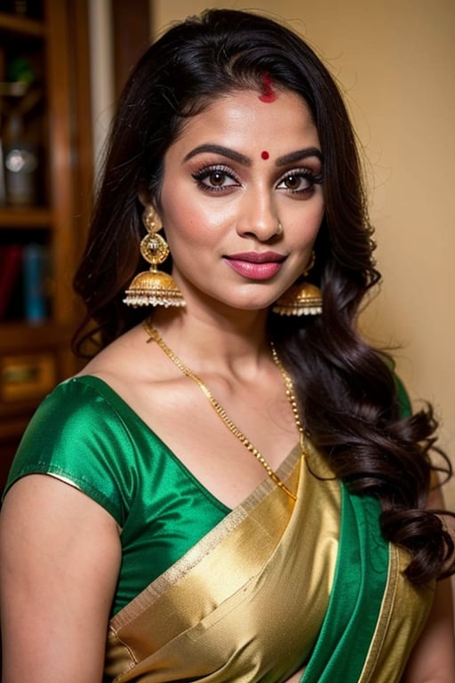 beautiful female, 25 years old, long black_hair, black hair,,sexy body fixer 
The image is a portrait of a beautiful Indian woman wearing traditional Indian jewelry. She is wearing a green saree with a gold border and a matching blouse. Her hair is styled in loose curls and she is wearing multiple gold jewelry pieces, including a large necklace, earrings, and a bindi on her forehead. She has a serious expression on her face and is looking directly at the camera. The background is blurred, but it appears to be a dimly lit room with golden lights. The overall mood of the image is elegant and regal.