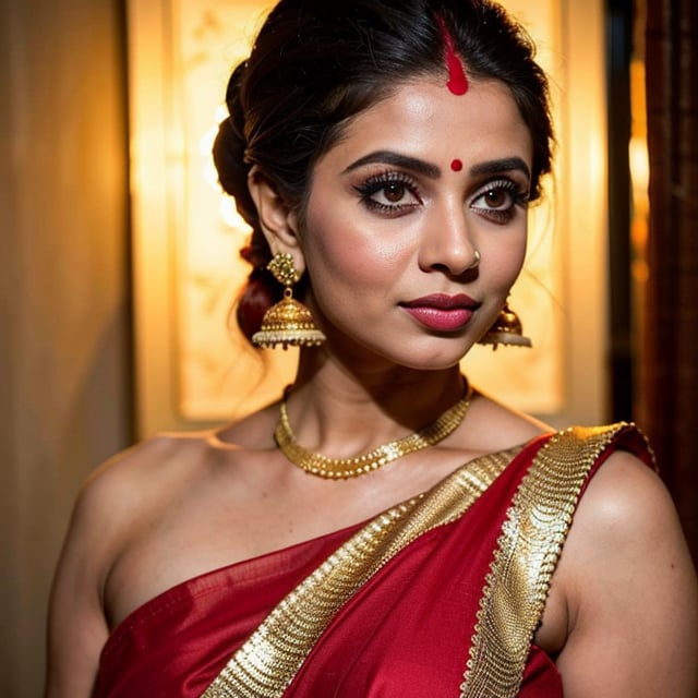 beautiful female , 25 year old , long black_hair, black-hair ,sexy body fixer 
The image is a close-up portrait of a young Indian woman wearing traditional Indian jewelry. She is wearing a red saree with a gold headpiece on her head. The headpiece is made up of multiple gold and red stones, including red and gold beads, and is intricately designed with a large nose ring in the center. The nose ring is also adorned with red stones and gold accents.  and is looking directly at the camera with a serious expression. The background is blurred, so the focus is on the woman's face.
High resolution 