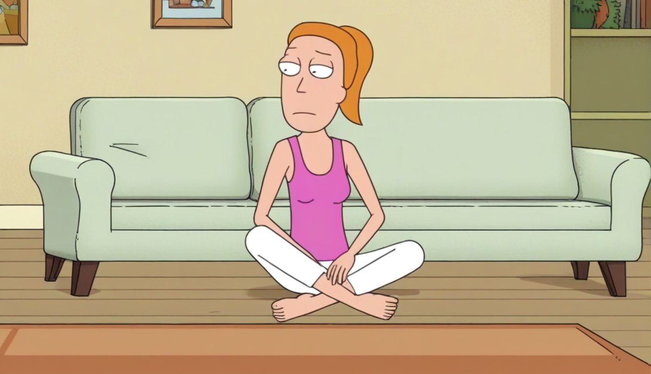 summer.smith,1girl,orange hair,ponytail,solo,pink tank top,white pants,bare feet and toes,living room,sitting down on the couch,legs crossed