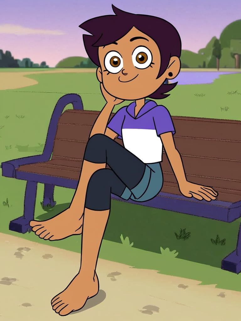 LUZ_NOCEDA, 1girl, looking at viewer, solo, dark brown short hair, purple and white short sleeve, blue shorts, black leggings, barefoot, outdoors, park, by the lake, grass, sidewalk, sitting on the bench, legs crossed, wiggling her toes