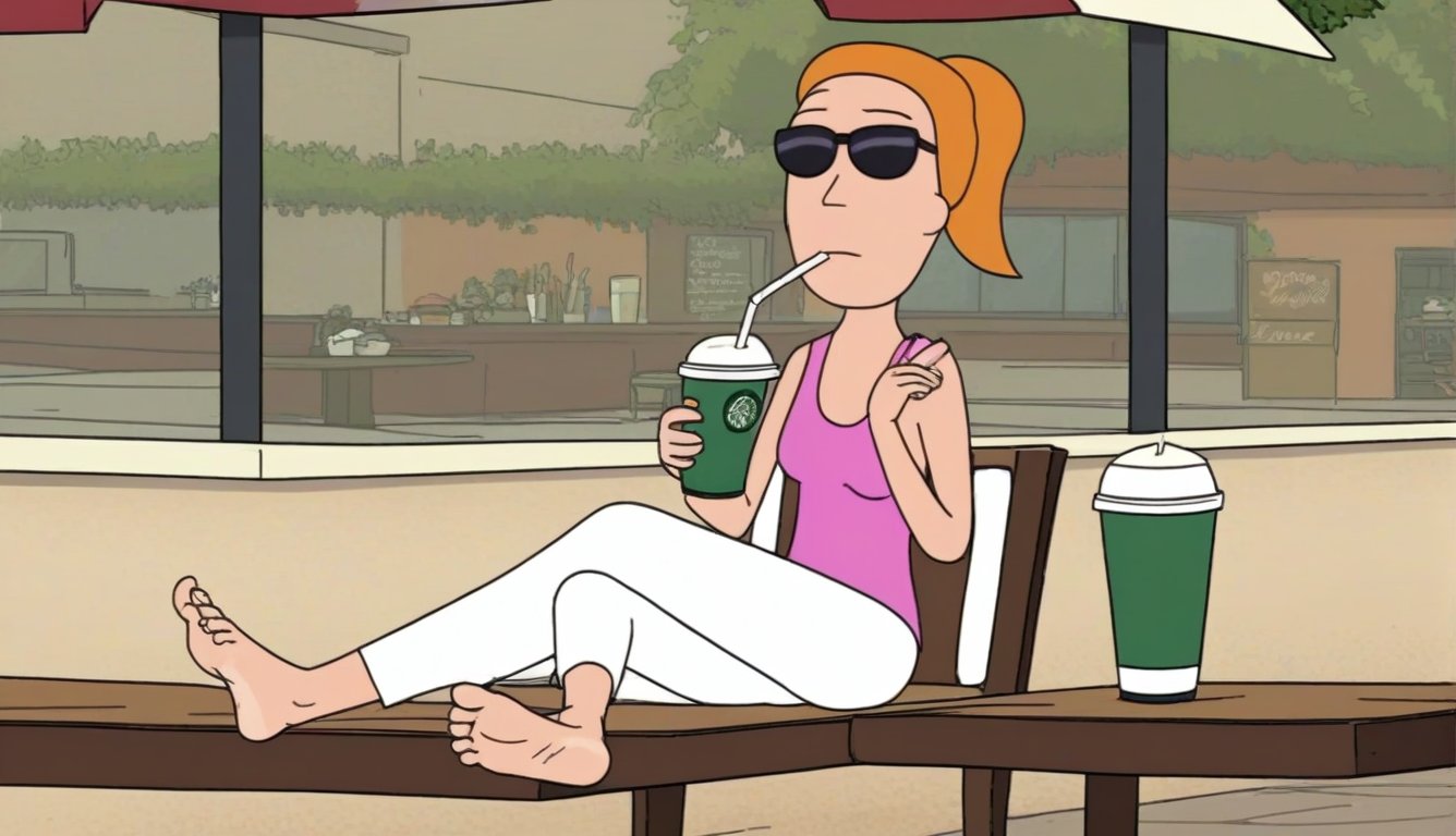 summer.smith,1girl,solo,orange hair,ponytail, solo, pink tank top,white pants,black sunglasses,bare feet and toes,bare soles,toe wiggling,showing her feet,outdoors,coffee shop,sitting down on the white chair,white table,sipping her frappuccino,sipping straw,legs crossed