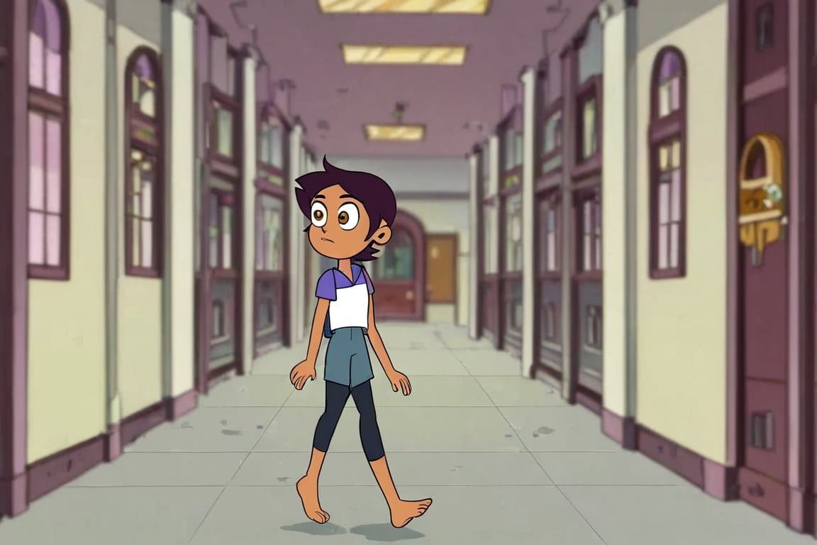 LUZ_NOCEDA, 1 girl, solo, dark brown short hair, purple and white short sleeve, blue shorts, black leggings, barefoot, school, hallway, backpack, walking, full body