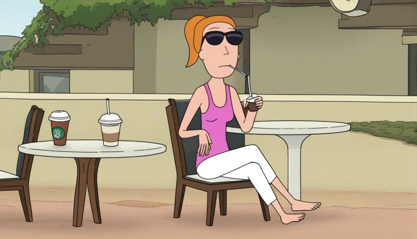 summer.smith, 1girl, orange hair,ponytail, solo, pink tank top,white pants,black sunglasses,bare feet and toes,outdoors,coffee shop,sitting down on the white chair,white table,sipping her frappuccino,sipping straw,legs crossed