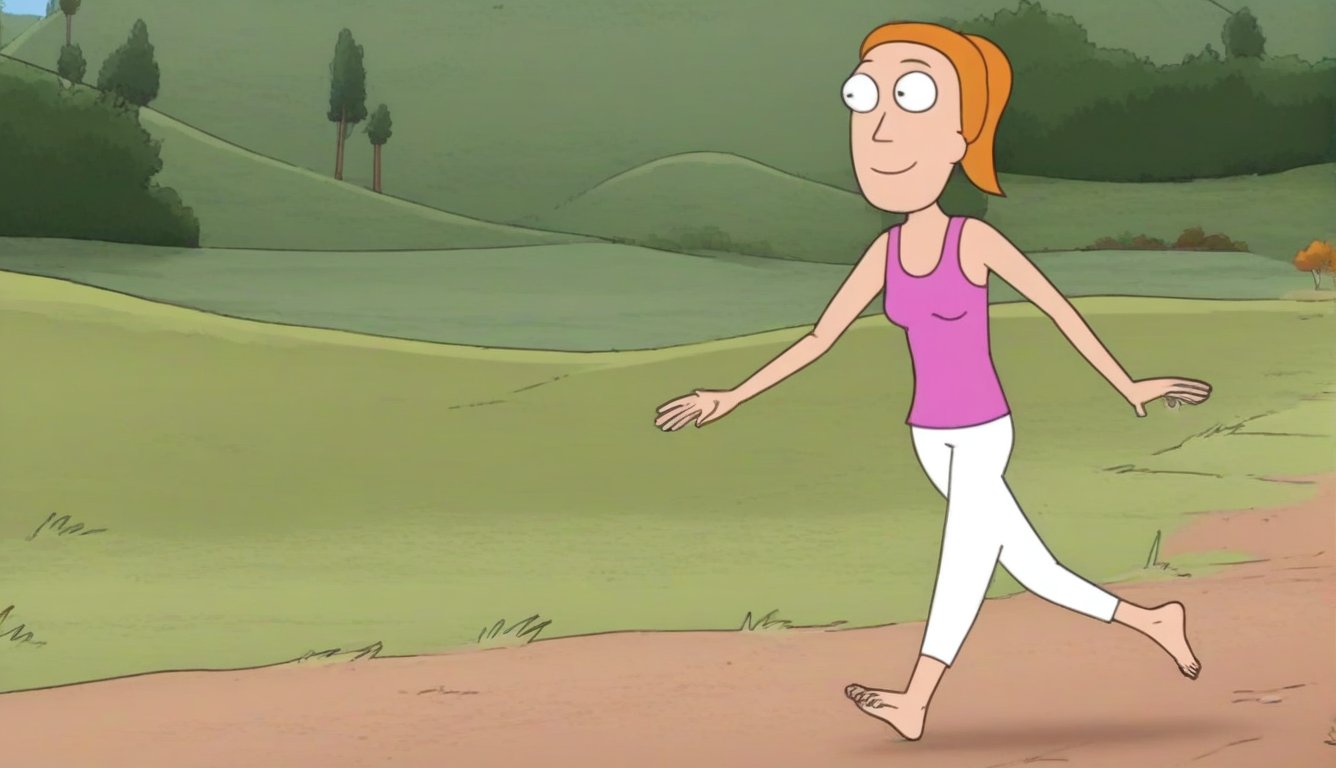 summer.smith,1girl,orange hair,ponytail,solo,pink tank top,white pants,bare feet and toes,outdoors,walking on the grass,smile