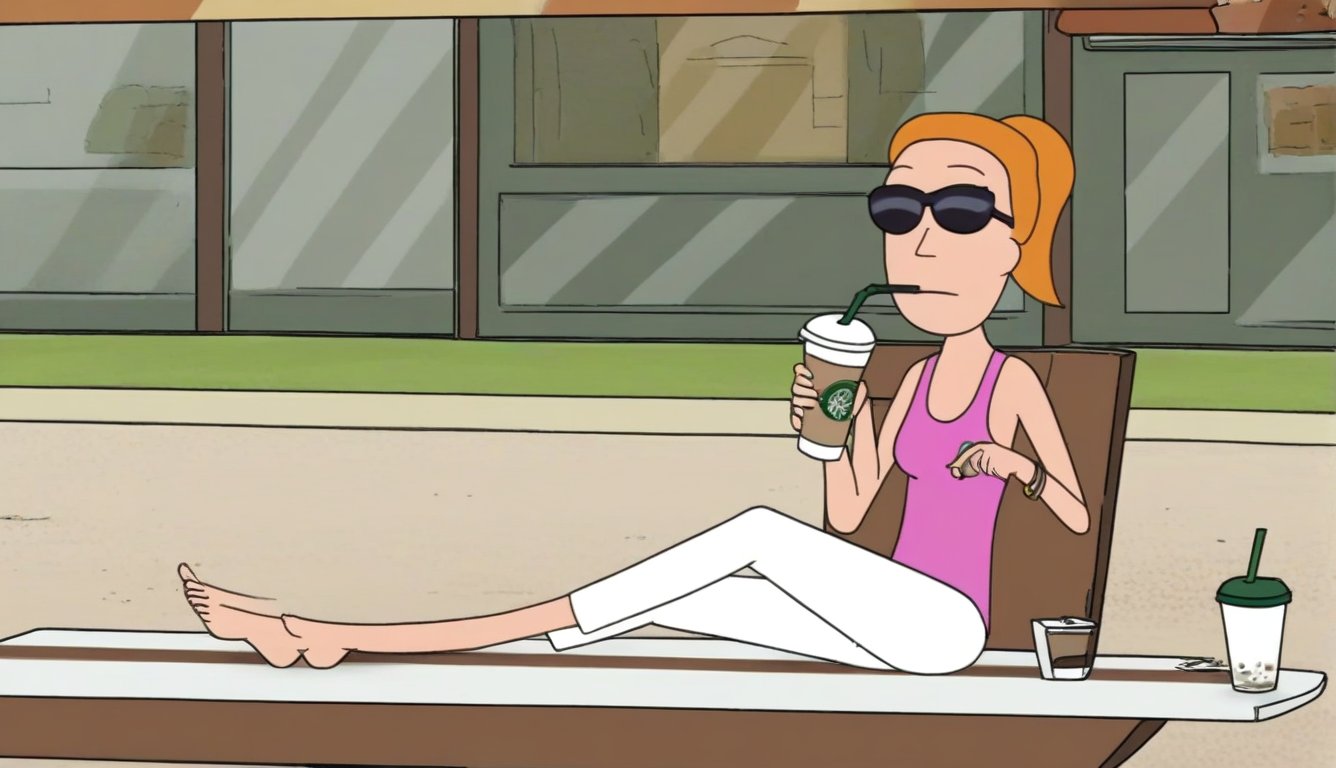 summer.smith,1girl,solo,orange hair,ponytail, solo, pink tank top,white pants,black sunglasses,bare feet and toes,outdoors,coffee shop,sitting down on the white chair,white table,sipping her frappuccino,sipping straw,legs crossed