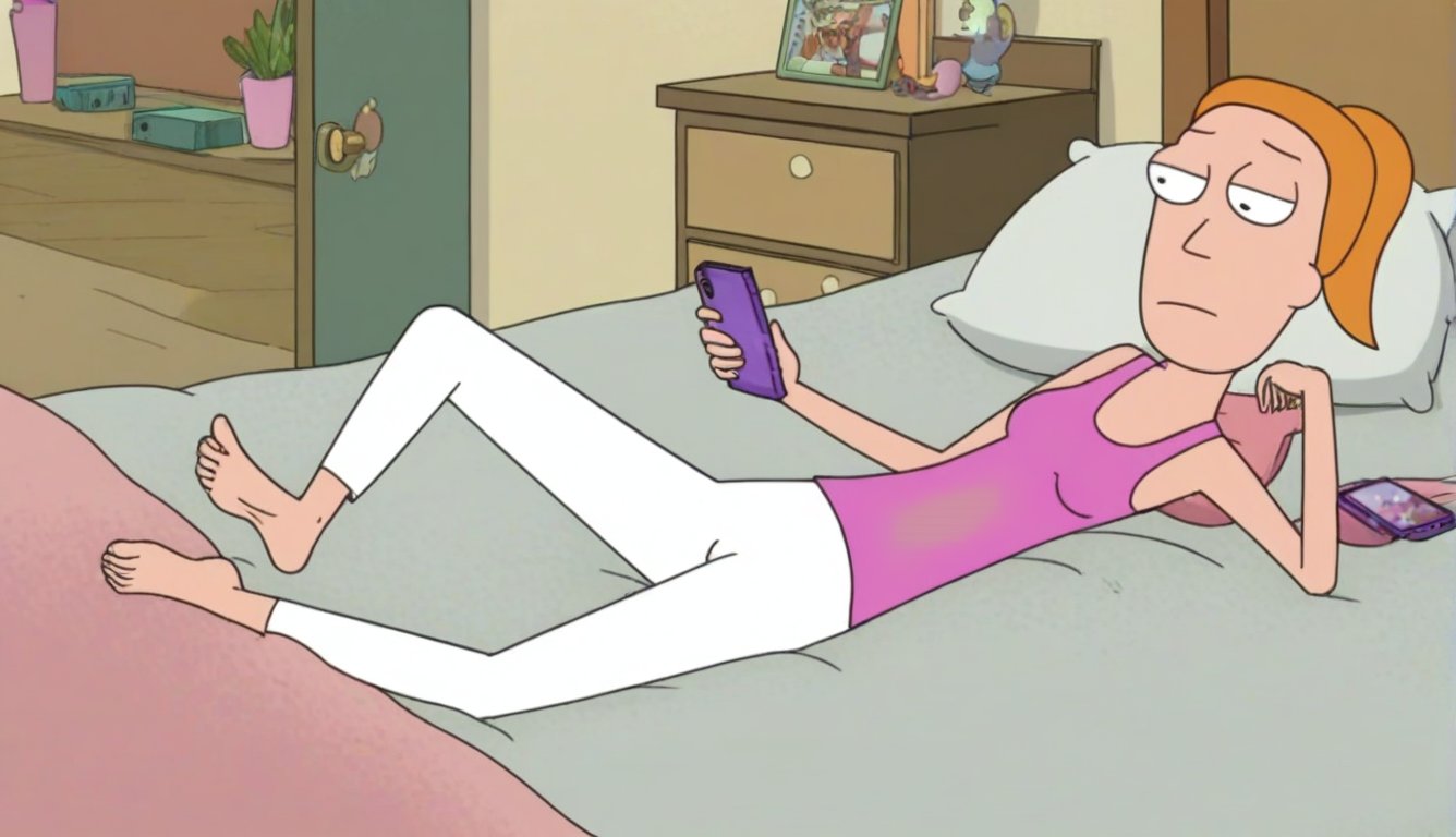 summer.smith,1girl,orange hair,ponytail,solo,pink tank top,white pants,bare feet and toes,bedroom,laying on her bed,looking at her phone