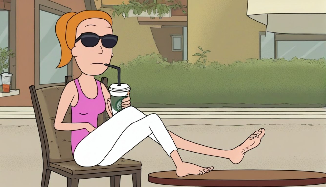 summer.smith,1girl,solo,orange hair,ponytail, solo, pink tank top,white pants,black sunglasses,bare feet and toes,bare soles,toe wiggling,outdoors,coffee shop,sitting down on the white chair,white table,sipping her frappuccino,sipping straw,legs crossed