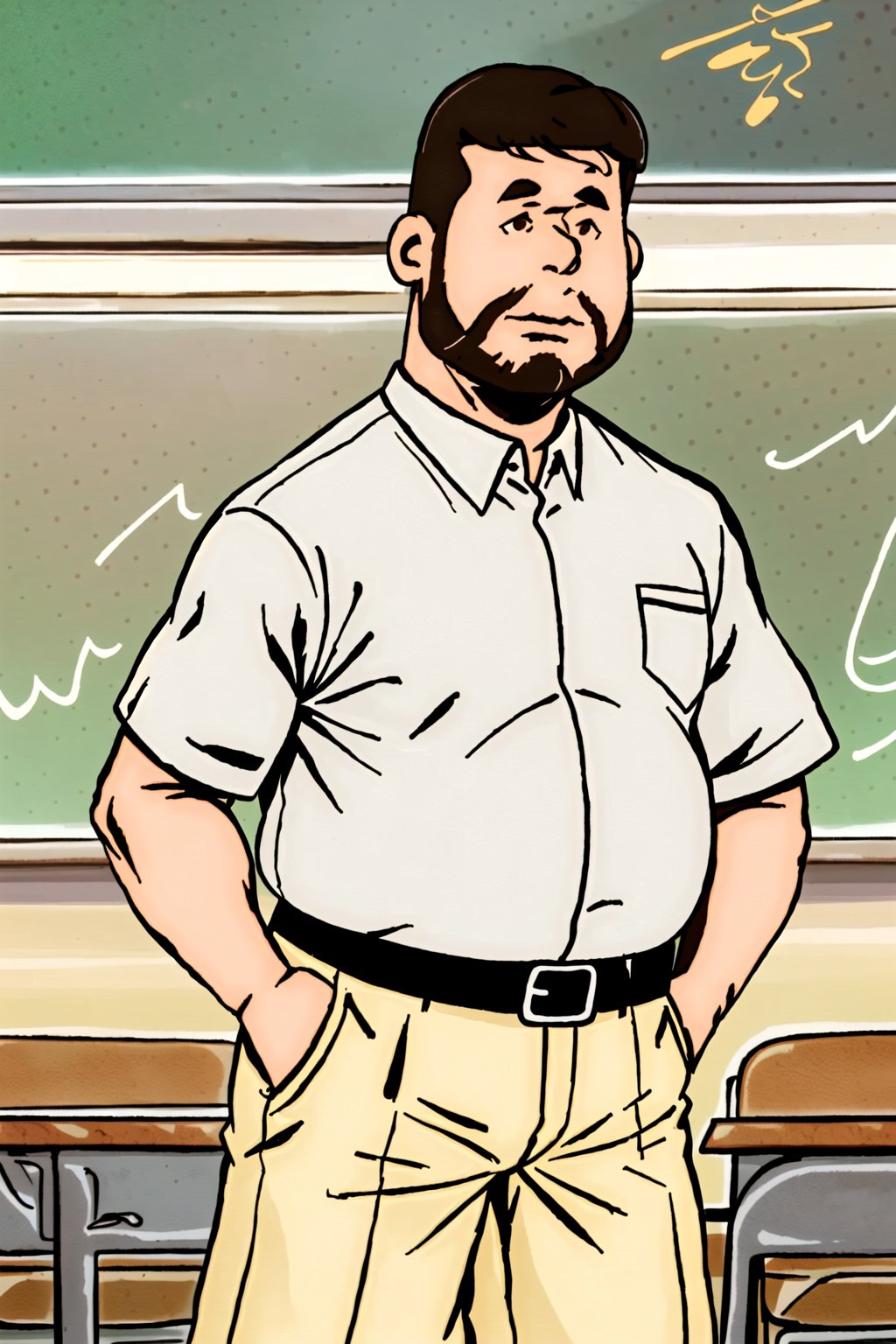 Masterpiece, (great general plan shot), 1boy, school principal, older, bald, short beard, cheerful, standing, hands in pockets, (a little obese, white skin, gray hair, white shirt, brown pants,black belt, in a classroom 