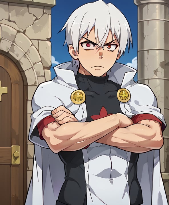 1080P, 1boy,white hair,red eyes, hair between eyes,short hair,White cape,Akitaru Obi, muscle body, fit body, angry face, big arms