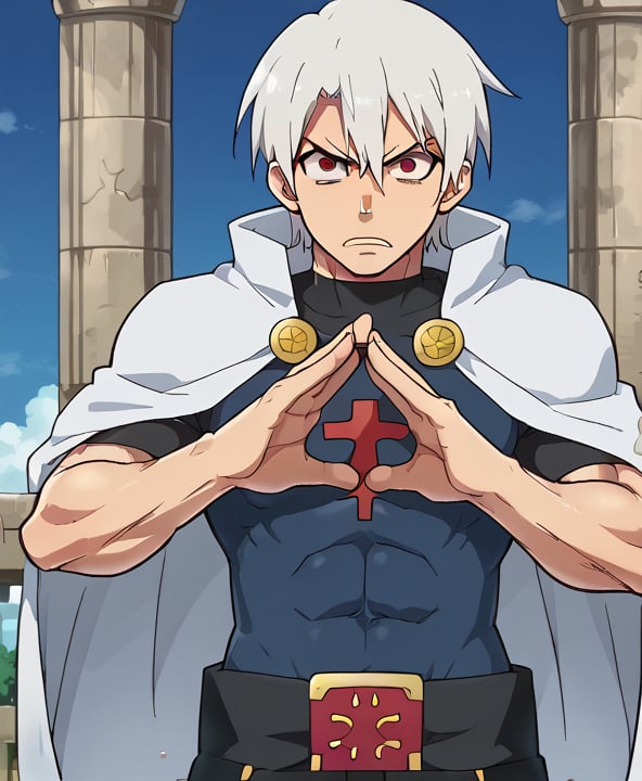 1080P, 1boy,white hair,red eyes, hair between eyes,short hair,White cape,Akitaru Obi, muscle body, fit body, angry face, big arms