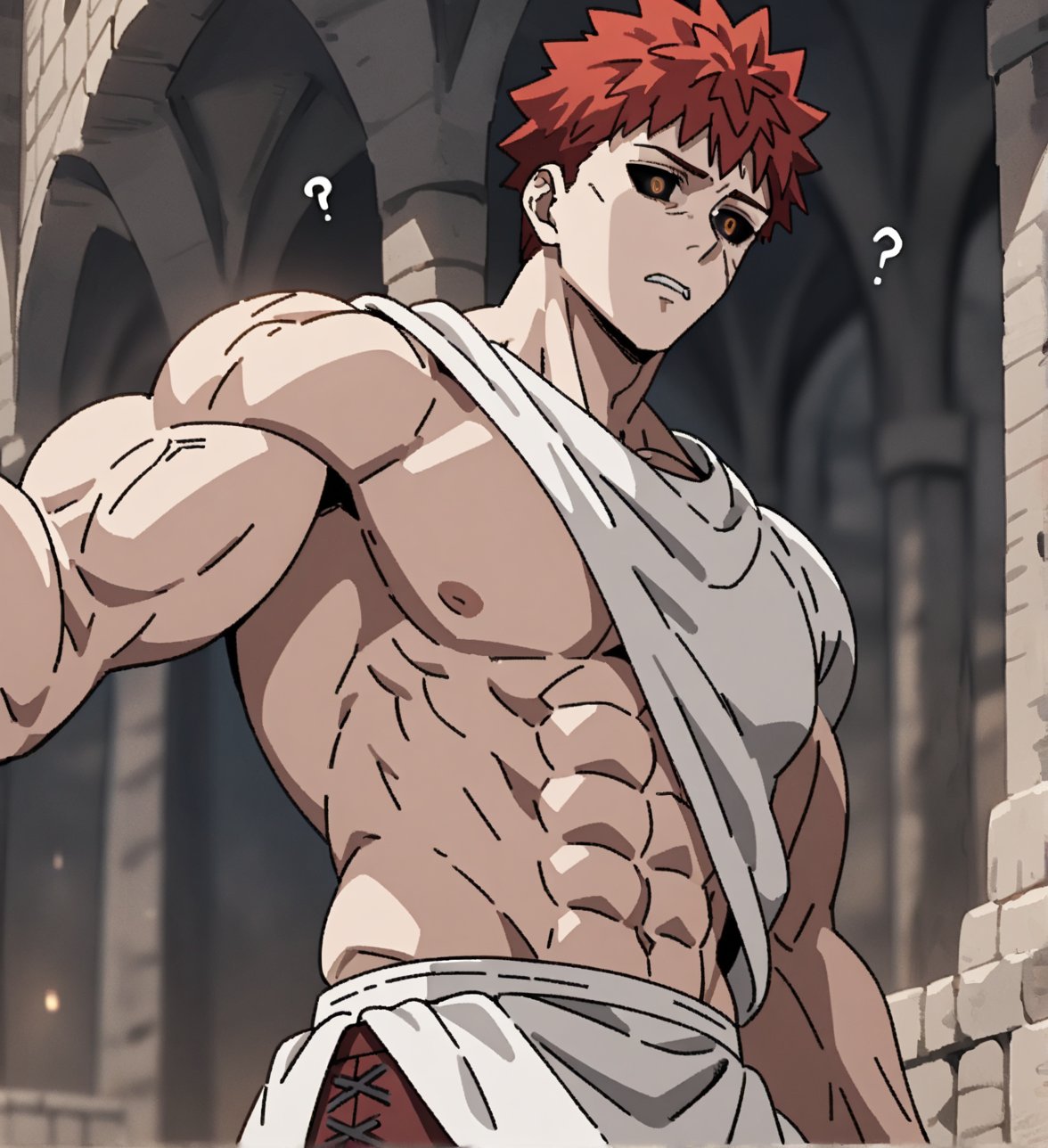 1080p, HD, detailed,score_9,1boy, men, solo, focus male,short hair, red hair, baggy eyes , muscle body, brown eyes, cracks around the eyes, Beautiful eyes, defined body, dark colors, medieval cloths, white cloths, detailed eyes, white shirt,  black sclera,   questions, ?, half body, posing the muscles, emiya_shirou