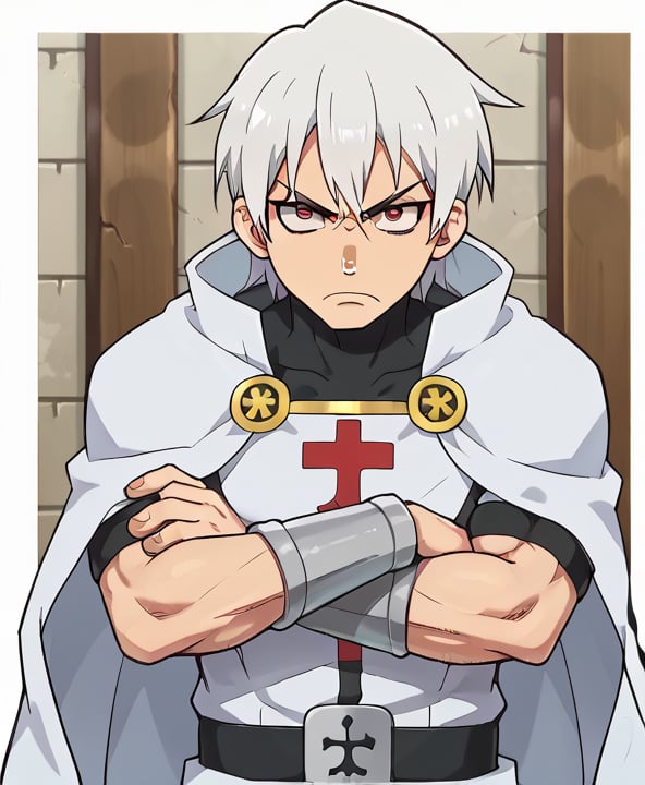 1080P, 1boy,white hair,red eyes, hair between eyes,short hair,White cape,Akitaru Obi, muscle body, fit body, angry face, big arms