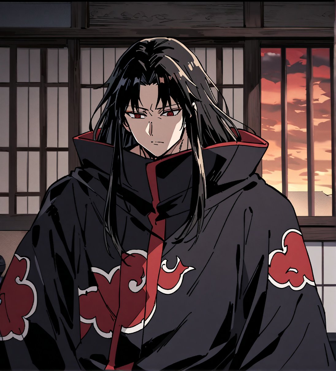 score_9,1boy, male, solo, upper body, focus male, long hair, black hair, baggy eyes , muscle body, red eyes, Beautiful eyes, defined body, kimono, akatsuki cloak, black cloths with red clouds, akatsuki cloths,loose clothing, detailed eyes, cloak, naraku_inuyasha, style japanese house, wall, hand position, jutsu