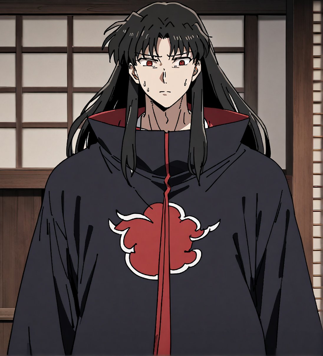 score_9,1boy, male, solo, upper body, focus male, long hair, black hair, baggy eyes , muscle body, red eyes, Beautiful eyes, defined body, dark colors, kimono, akatsuki cloak, black cloths, akatsuki cloths,loose clothing, detailed eyes, cloak, normal face,  naraku_inuyasha,  day, inside, old japanese style house, scared