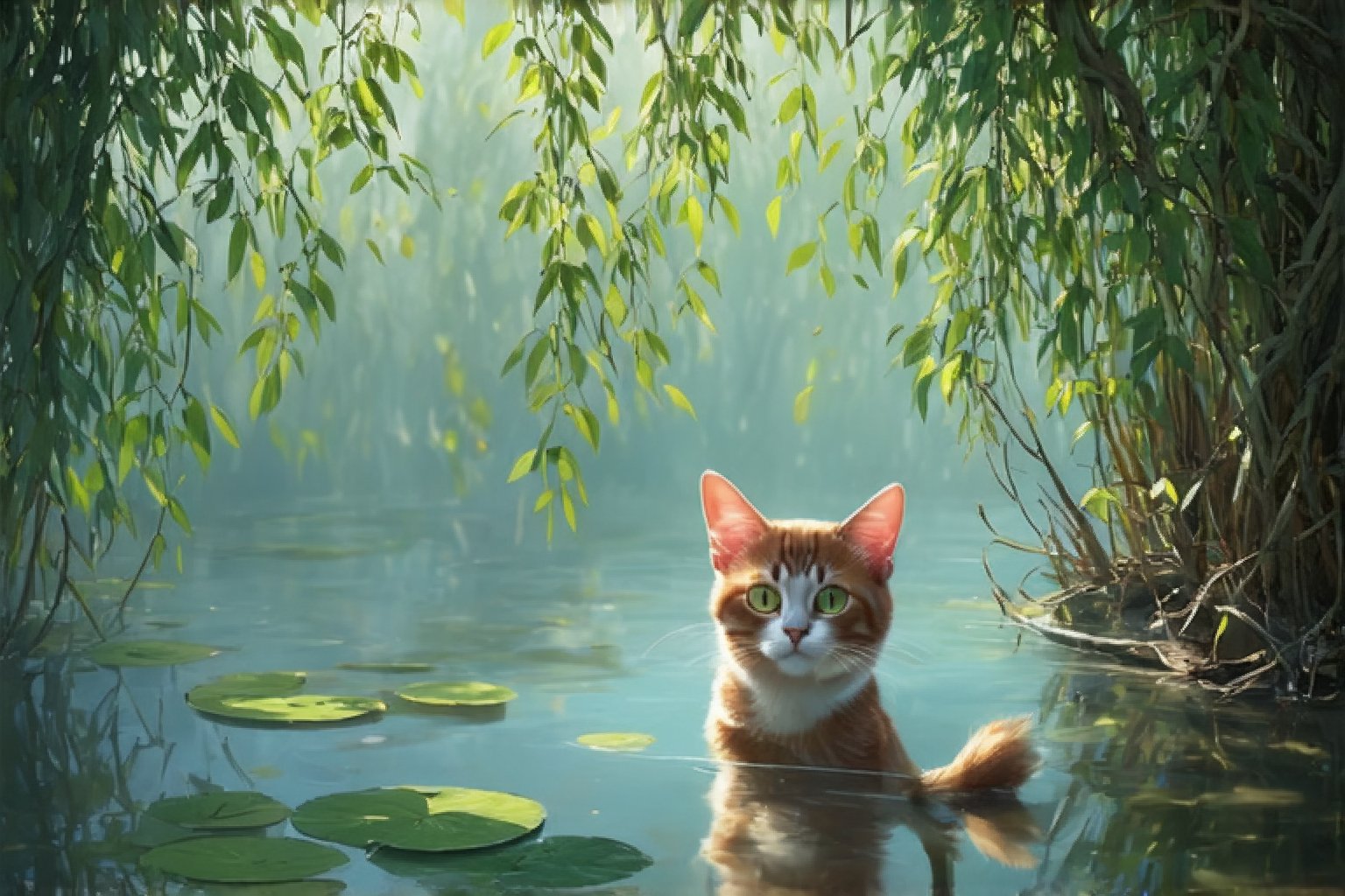 digital painting, surreal, tranquil pond, whispering willows, overhanging branches, dappled sunlight, reflections, still water, lily pads, cat, X-ray vision, curious, green eyes, pointed ears, whiskers, pink nose, calm, serene atmosphere, vibrant greens, rich browns, soft pastels, fantasy, whimsical, intricate details, dreamlike, storybook, concept art, illustration, rendered in Unreal Engine 5, highly detailed, dramatic lighting, cinematic, artstation, wallpaper, promo art, splash art, artbook, beautiful image