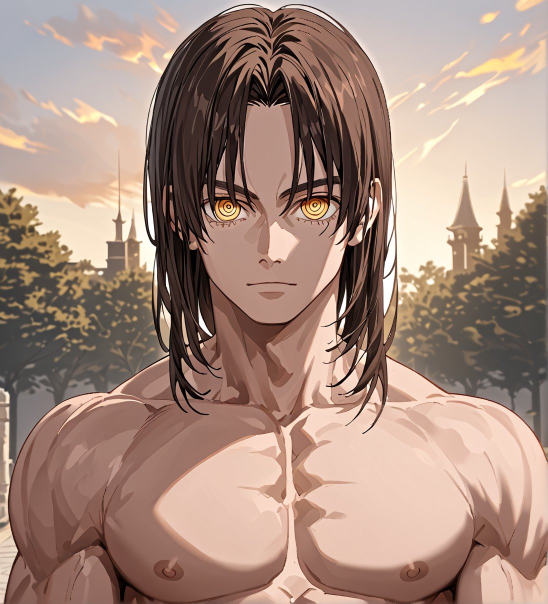 score_9,1boy, men, solo, looking at the viewer, 17 years old, (face view), dark brown hair, baggy eyes, (ringed eyes, yellow eyes, Beautiful eyes, muscular arms, defined body), (masterpiece, best quality, modell, official art, beautiful and aesthetic:1.2), dark colors, outdoors, 