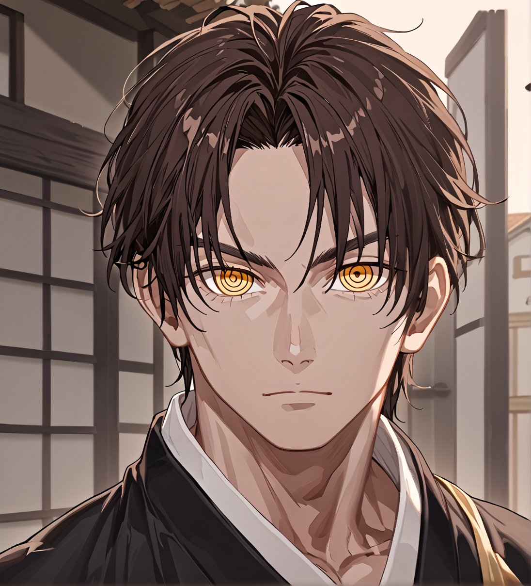 score_9,1boy, men, solo, looking at the viewer, 17 years old, (face view), dark brown hair, baggy eyes  (ringed eyes, yellow eyes, Beautiful eyes, muscular arms, defined body), (masterpiece, best quality, modell, official art, beautiful and aesthetic:1.2), dark colors, kimono, hayato gokudera, outdoors, 