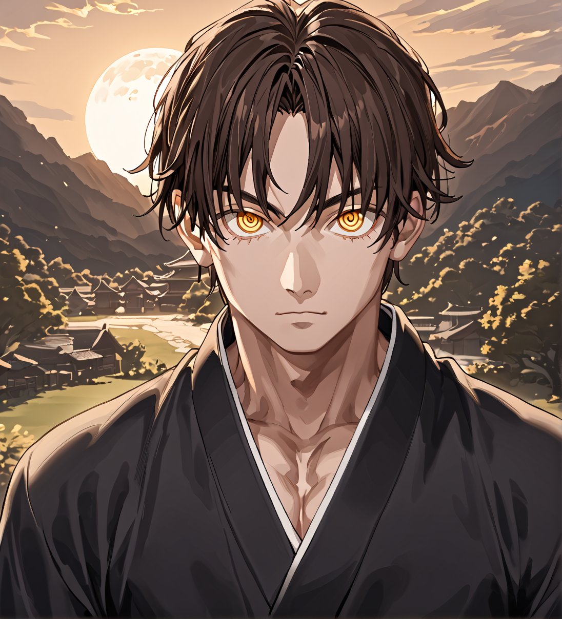 score_9,1boy, men, solo, looking at the viewer, 17 years old, (face view), dark brown hair, baggy eyes, (ringed eyes, yellow eyes, Beautiful eyes, muscular arms, defined body), (masterpiece, best quality, modell, official art, beautiful and aesthetic:1.2), dark colors, outdoors, kimono, bedroom