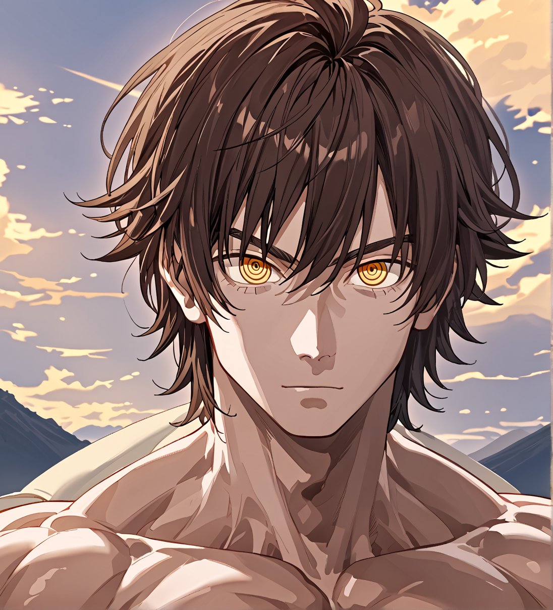 score_9,1boy, men, solo, looking at the viewer, 17 years old, (face view), dark brown hair, baggy eyes  (ringed eyes, yellow eyes, Beautiful eyes, muscular arms, defined body), (masterpiece, best quality, modell, official art, beautiful and aesthetic:1.2), dark colors, hayato gokudera, outdoors, 