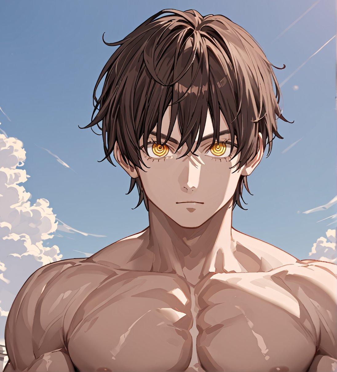 score_9,1boy, men, solo, looking at the viewer, 17 years old, (face view), dark brown hair, baggy eyes, (ringed eyes, yellow eyes, Beautiful eyes, muscular arms, defined body), (masterpiece, best quality, modell, official art, beautiful and aesthetic:1.2), dark colors, outdoors, 