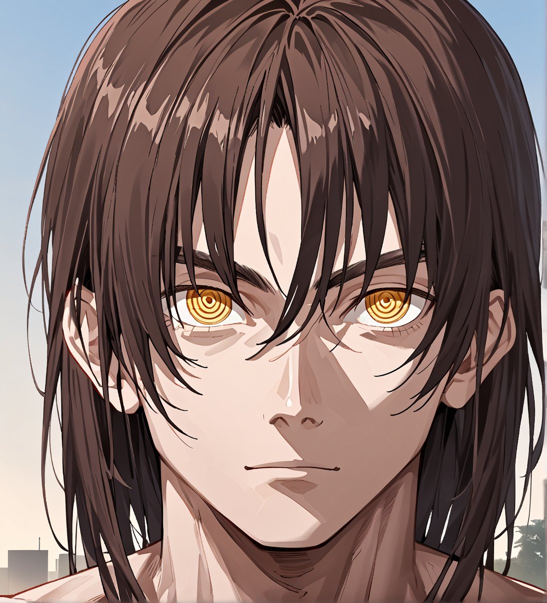 score_9,1boy, men, solo, looking at the viewer, 17 years old, (face view), dark brown hair, baggy eyes  (ringed eyes, yellow eyes, Beautiful eyes, muscular arms, defined body), (masterpiece, best quality, modell, official art, beautiful and aesthetic:1.2), dark colors, hayato gokudera, outdoors, 