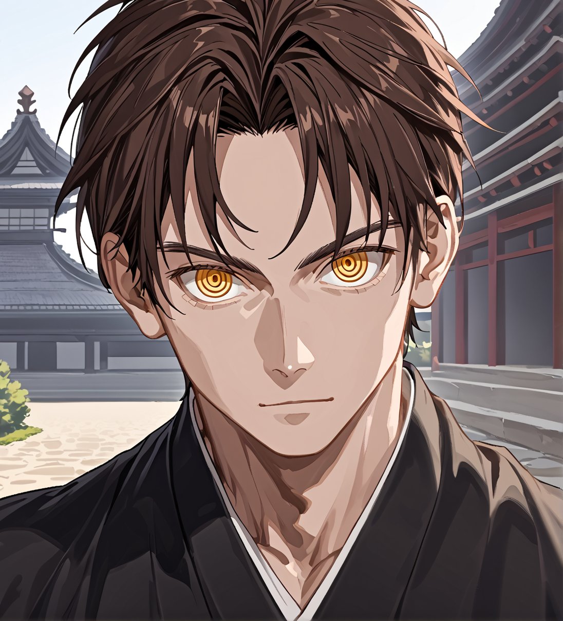 score_9,1boy, men, solo, looking at the viewer, 17 years old, (face view), dark brown hair, baggy eyes  (ringed eyes, yellow eyes, Beautiful eyes, muscular arms, defined body), (masterpiece, best quality, modell, official art, beautiful and aesthetic:1.2), dark colors, kimono, hayato gokudera, outdoors, 