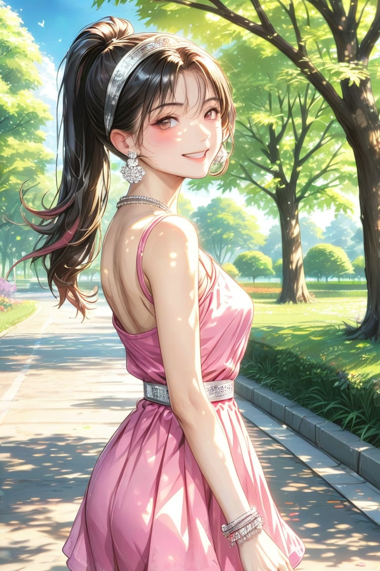 Very pretty girl, casual outfit (silver earrings, pink summer dress, gold hairpin, bare shoulders, bracelets), ponytail hairstyle, masterpiece quality, big park in background, it's days, sunny, sun rays, trees, walking, looking at viewer, little smile, medium shot, stunning image, light particles, Anime style.