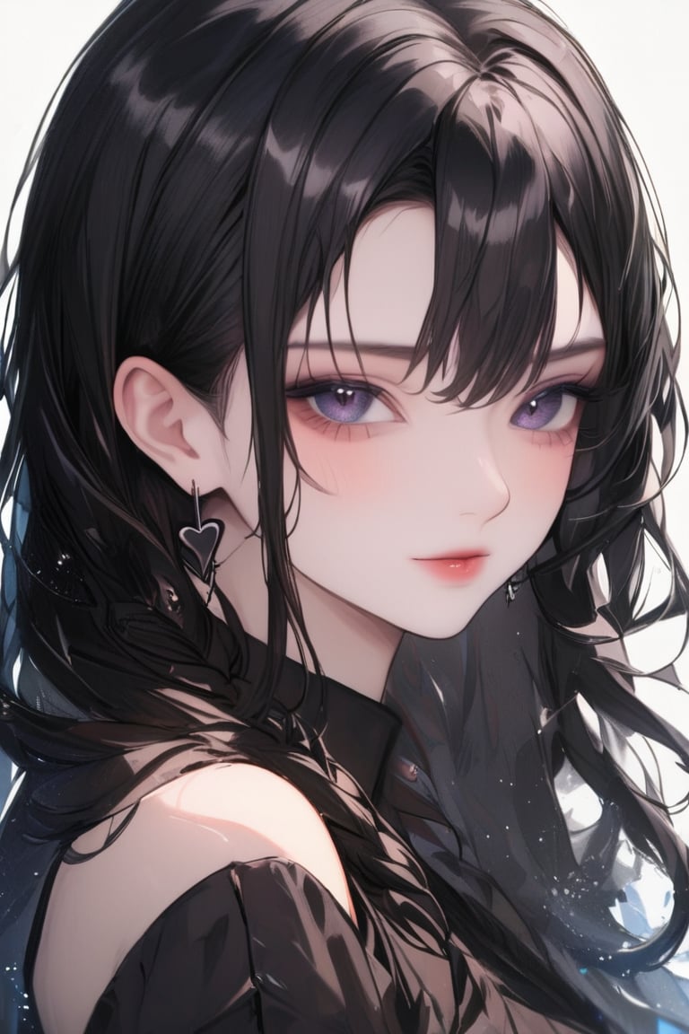 1girl, solo, long hair,  pony hairstyle, looking at viewer, blush, side bangs, black hair ornament, jewelry, black eyes, wavy hair, earrings, cute outfit, parted lips, blurry, eyelashes, ((masterpiece: 2)), excellent quality, light particles, water drop, ((stunning_image: 1.5)), Anime art style.